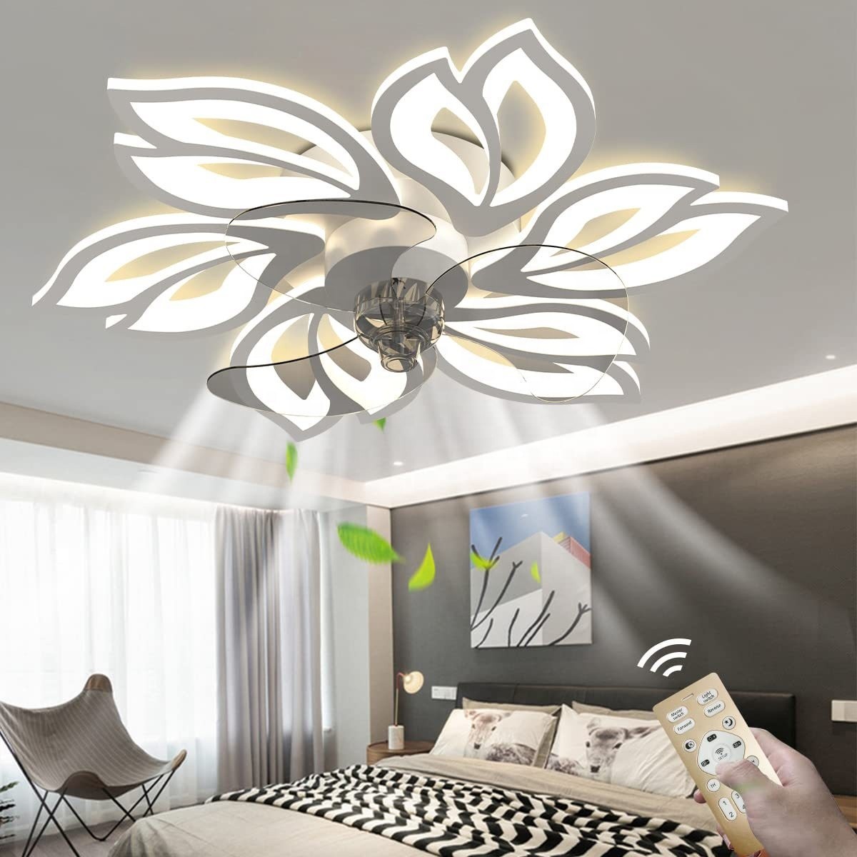 Modern Indoor 110v 220v LED Smart 3 Light Colo Remote Control Dimming Ceiling Fan With Light